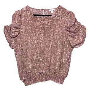 Brown Crepe Polka Dot Blouse Sz 2XL Feminine Short Puff Sleeve Flowy Boho Shirt